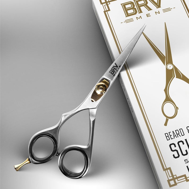 BRV MEN مقص حلاقة دقيق لذوي اليد اليسرى - 5.5" - 100% فولاذ مقاوم للصدأ عالي الكربون - مقص لتشذيب الشعر الوجه (لذوي اليد اليسرى - فضي) - Image 3